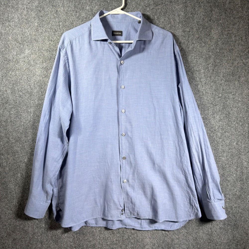 Ermenegildo Zegna Herringbone Button Up Shirt Mens XXL Blue Cotton Long Sleeve
